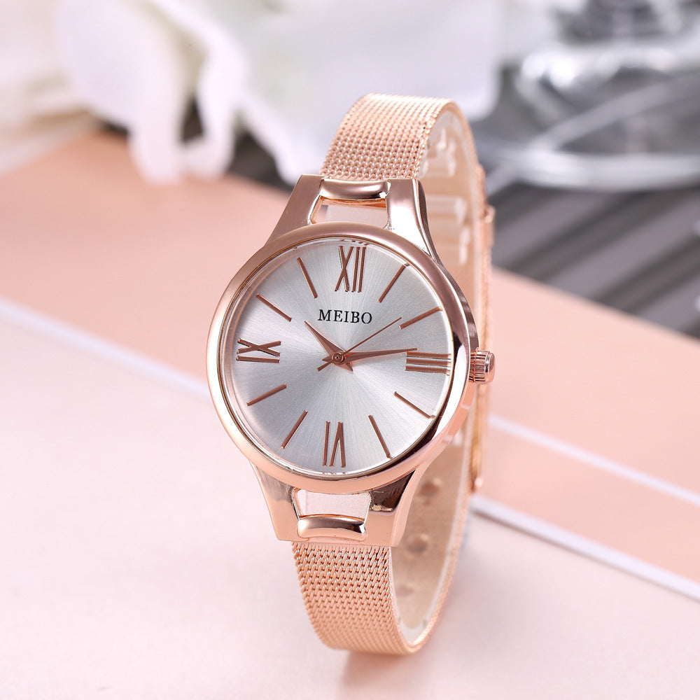 Harmony Sale Pin Buckle Round Glass Rose Gold Stainless Steel Mesh Belt Watch For Women - One For All