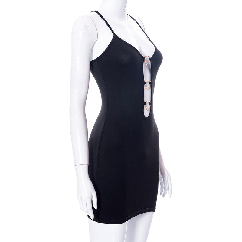 Hollow Out Black Bodycon Woman Dress Camisole Heart Ring Decor Club Sexy Party Dress For Women - One For All