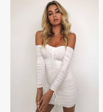 Bandage Dress Women Sexy Off Shoulder Long Sleeve Slim Elastic Bodycon Party Dresses Gowns - One For All