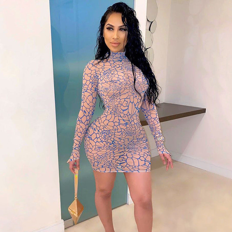 Simenual Digital Print Mesh Hot Bodycon Dress Women Long Sleeve Finger Buckle Partywear Transparent Club Sexy Hot Mini Dresses - One For All