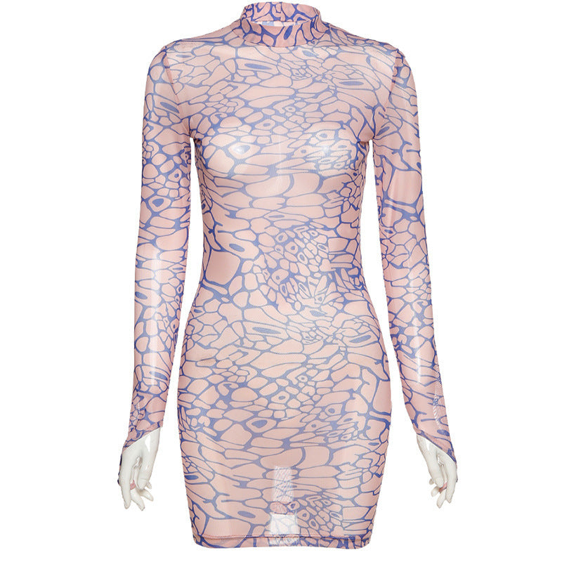 Simenual Digital Print Mesh Hot Bodycon Dress Women Long Sleeve Finger Buckle Partywear Transparent Club Sexy Hot Mini Dresses - One For All