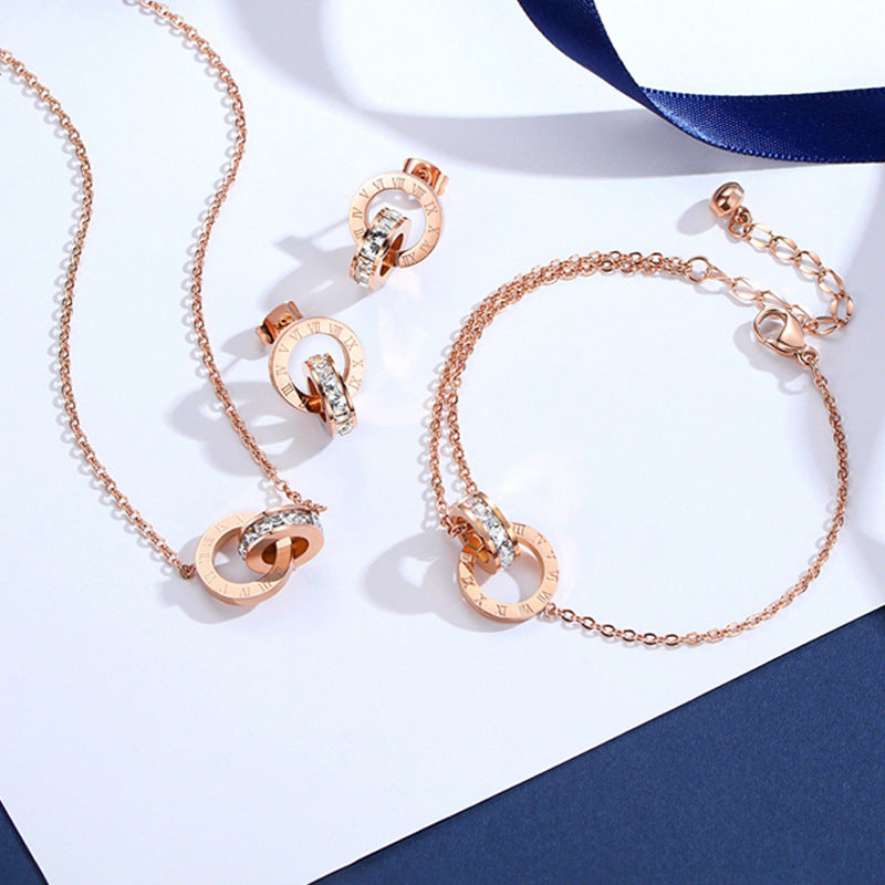 "EternaRoma™ Rose Gold Titanium Bracelet – Roman Numerals & Zircon Elegance" - One For All