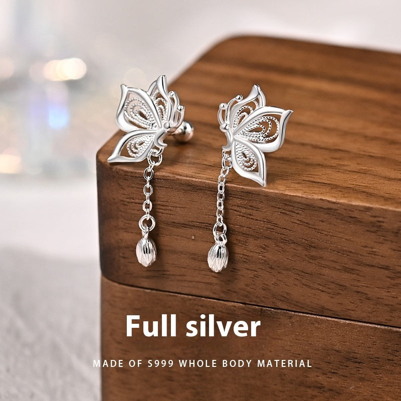 🦋 LunaFlair™ S999 Silver Butterfly Tassel Earrings – Elegant Dangling Gift for Her ✨ - One For All