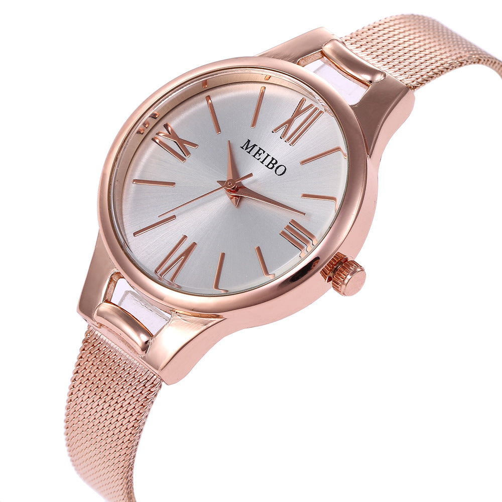 Harmony Sale Pin Buckle Round Glass Rose Gold Stainless Steel Mesh Belt Watch For Women - One For All