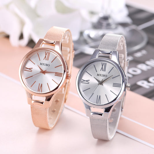 Harmony Sale Pin Buckle Round Glass Rose Gold Stainless Steel Mesh Belt Watch For Women - One For All