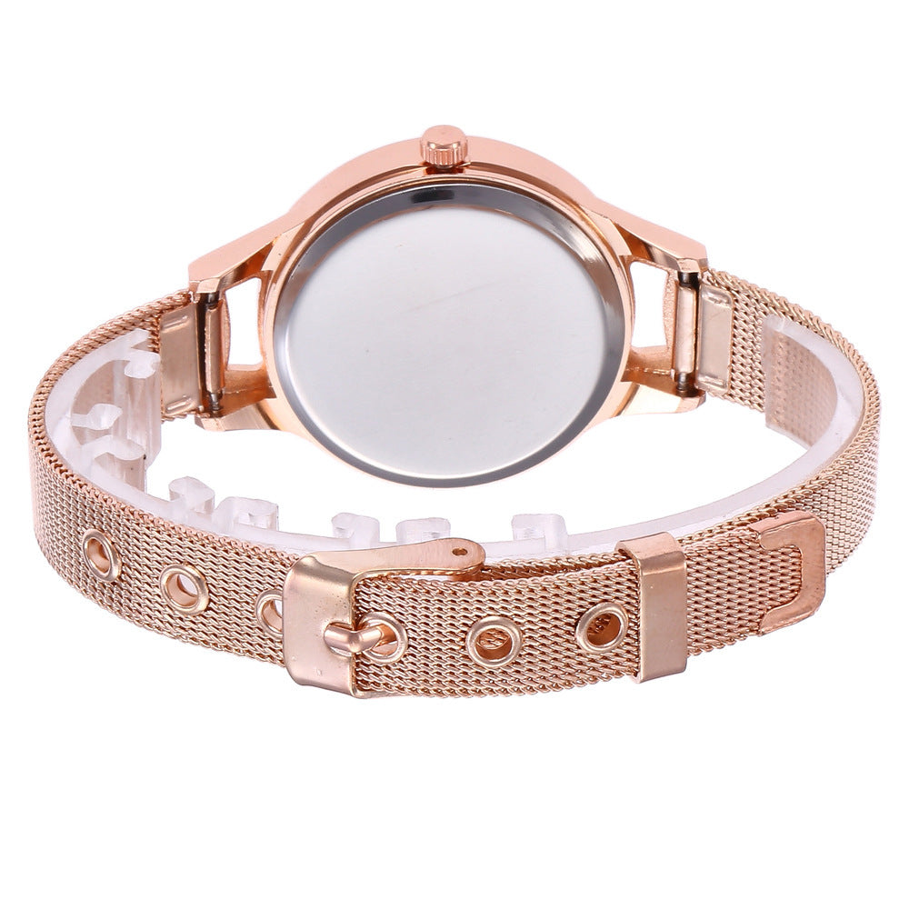 Harmony Sale Pin Buckle Round Glass Rose Gold Stainless Steel Mesh Belt Watch For Women - One For All