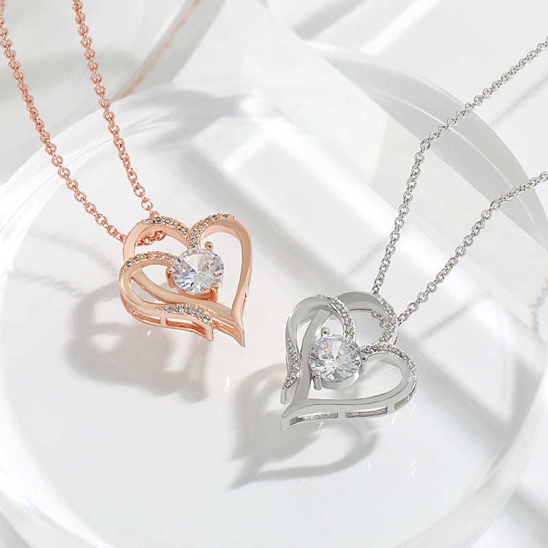Beautiful Zircon Double Love Heart Necklace – Personalized Clavicle Chain for Women - One For All