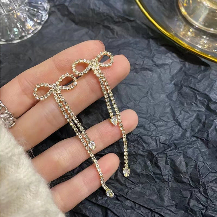 Fashion Jewelry Silver Needle Long Bow Tie Full-jeweled Stud Earrings For Women - One For All