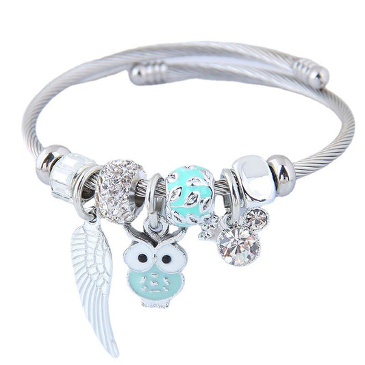 💫 GuardianGlow™ Beaded Bracelet – Owl & Wings Pendant on Steel Chain - One For All