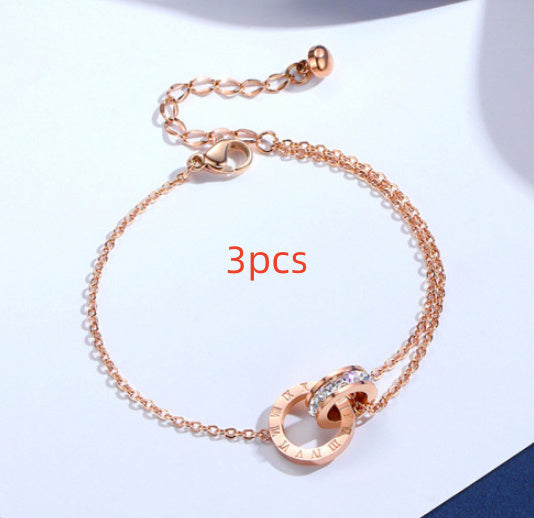 "EternaRoma™ Rose Gold Titanium Bracelet – Roman Numerals & Zircon Elegance" - One For All