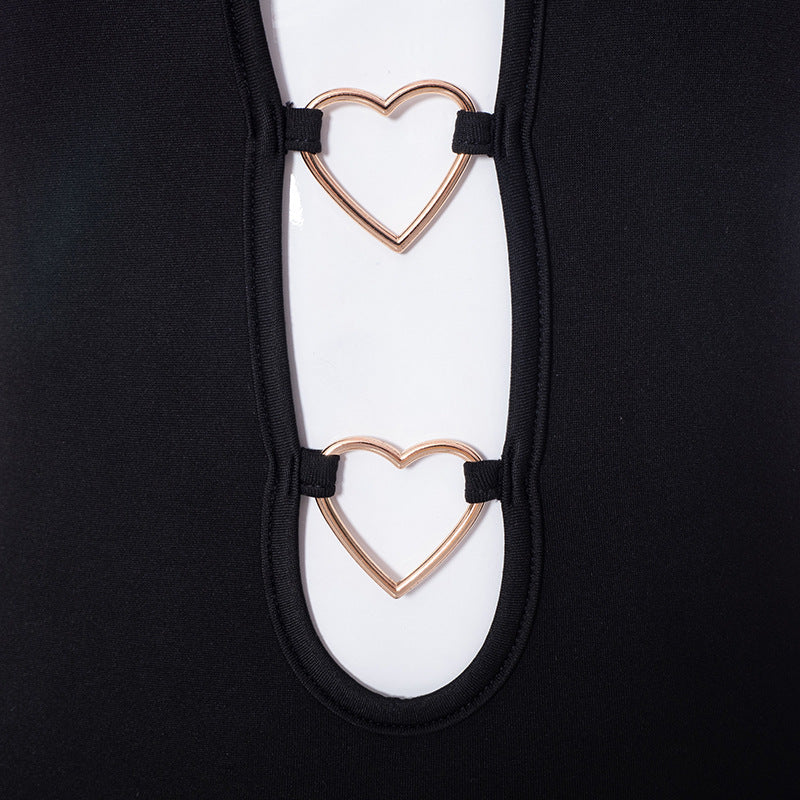 Hollow Out Black Bodycon Woman Dress Camisole Heart Ring Decor Club Sexy Party Dress For Women - One For All