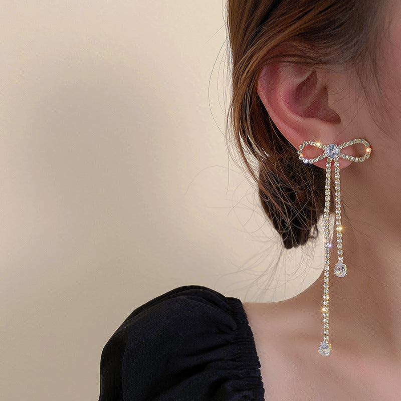 Fashion Jewelry Silver Needle Long Bow Tie Full-jeweled Stud Earrings For Women - One For All