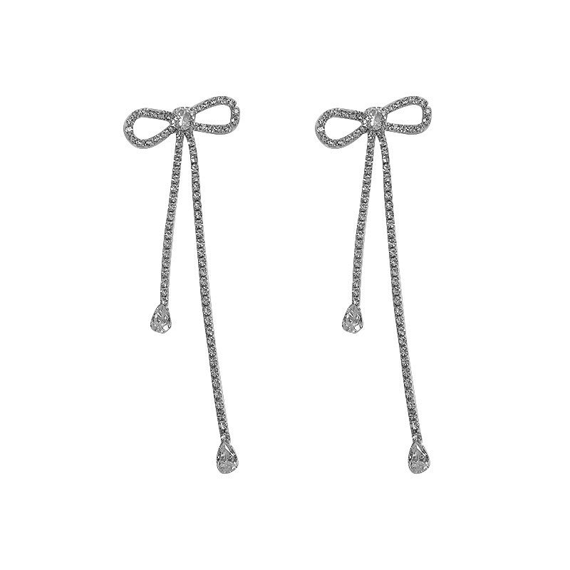 Fashion Jewelry Silver Needle Long Bow Tie Full-jeweled Stud Earrings For Women - One For All