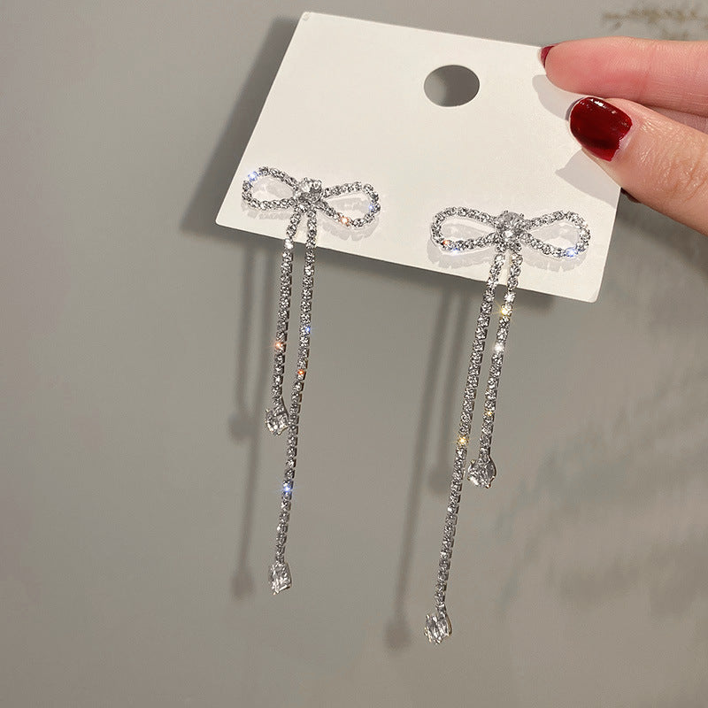 Fashion Jewelry Silver Needle Long Bow Tie Full-jeweled Stud Earrings For Women - One For All