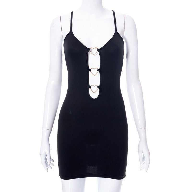 Hollow Out Black Bodycon Woman Dress Camisole Heart Ring Decor Club Sexy Party Dress For Women - One For All