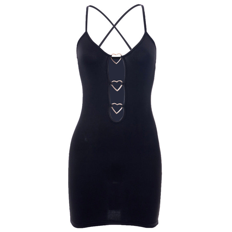 Hollow Out Black Bodycon Woman Dress Camisole Heart Ring Decor Club Sexy Party Dress For Women - One For All