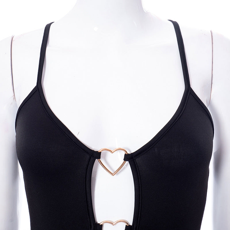 Hollow Out Black Bodycon Woman Dress Camisole Heart Ring Decor Club Sexy Party Dress For Women - One For All