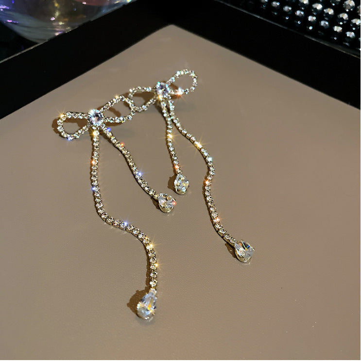 Fashion Jewelry Silver Needle Long Bow Tie Full-jeweled Stud Earrings For Women - One For All